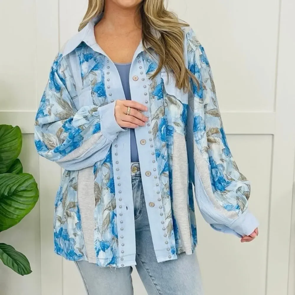 POL Patchwork Blossoms Top In Blue - Picture 2 of 5
